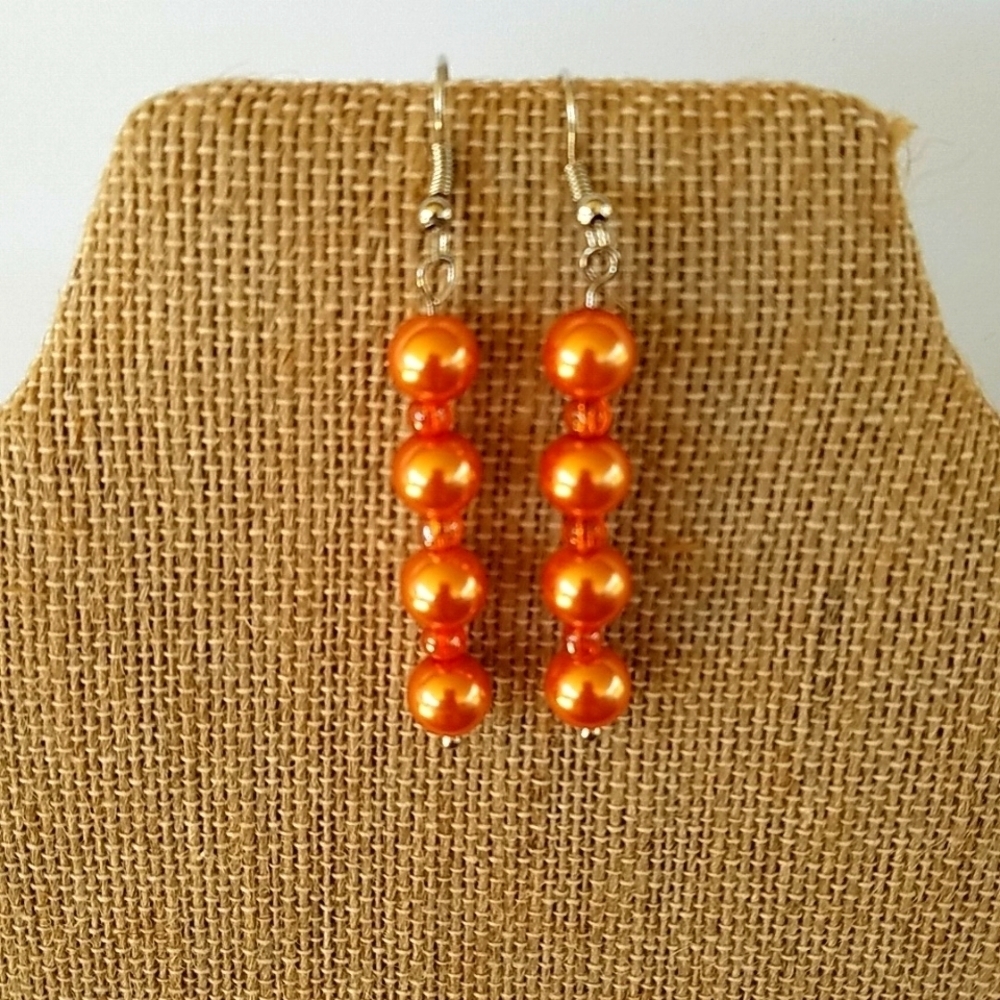 Hand Crafted Pearl Dangle Earrings Orange 2 7/8" Long